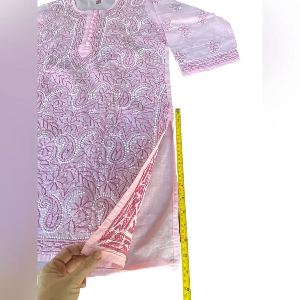 Chikankari Hand-Embroidered Straight Pink Kurti Tunic size 42, US L. NEW - Picture 15 of 16